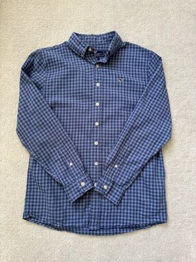 Vineyard Vines Boys Blue Plaid Button-Down Whale Shirt size L (16) EUC